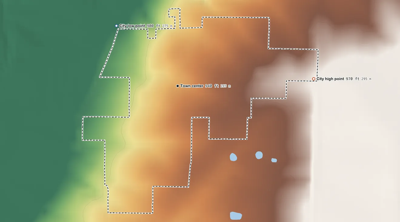 Topographic elevation map of Buffalo, Kansas, shaded from 900 ft on the northwest side to 970 ft on the east side