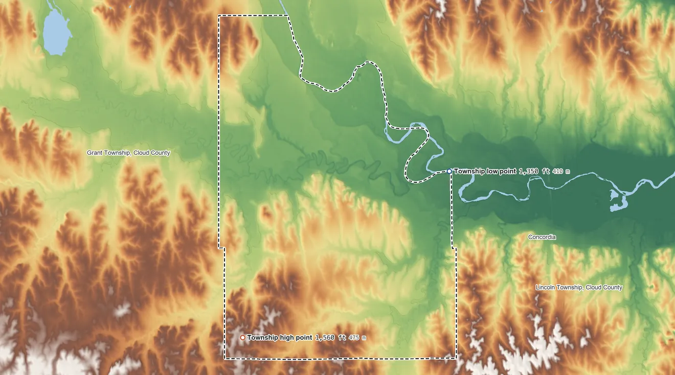 Topographic elevation map of Buffalo Township, Cloud County, Kansas, shaded from 1,350 ft on the east side to 1,560 ft on the southwest side