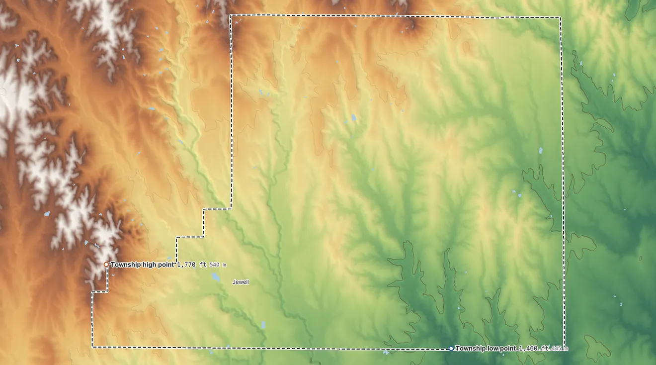 Topographic elevation map of Buffalo Township, Kansas, shaded from 1,460 ft on the east side to 1,770 ft on the west side