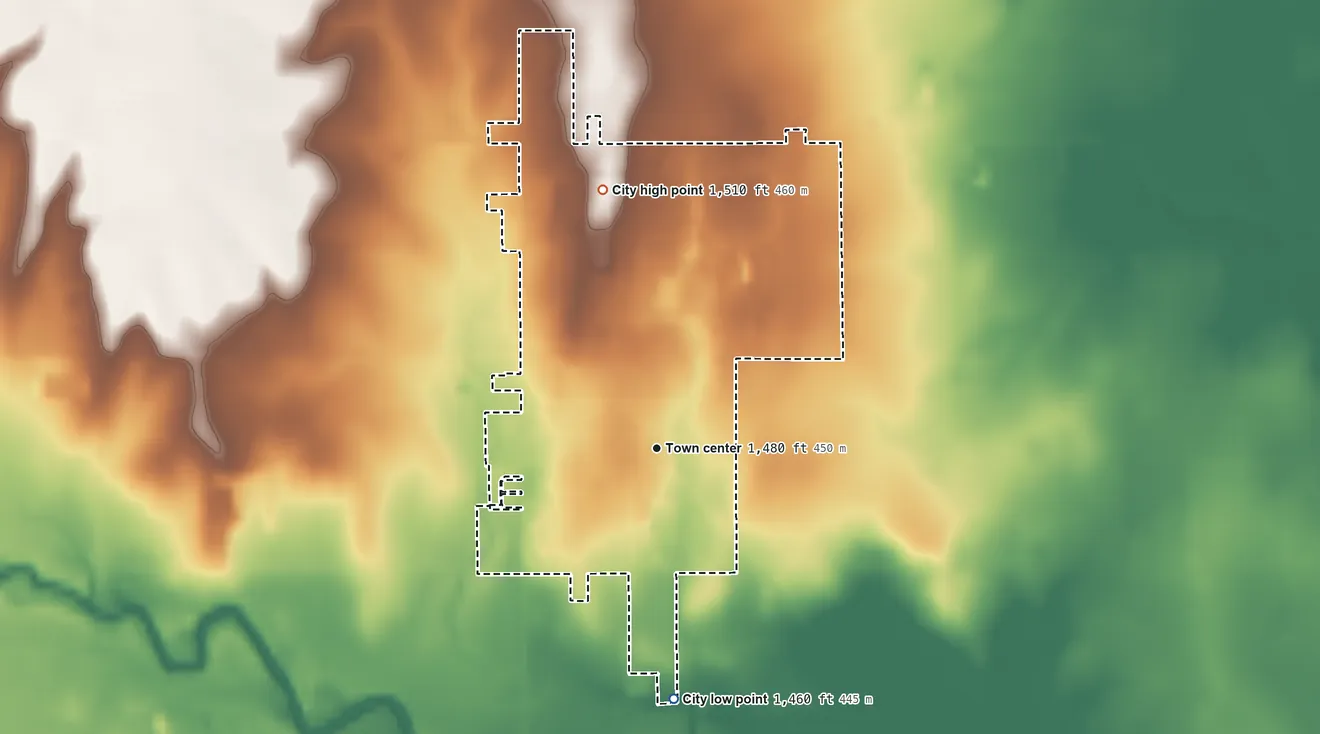 Topographic elevation map of Buhler, Kansas, shaded from 1,460 ft on the south side to 1,510 ft on the north side