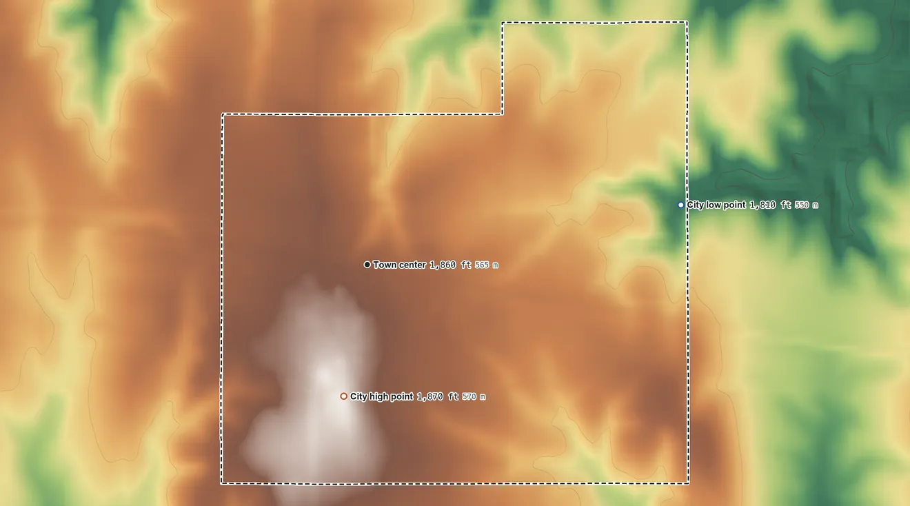 Topographic elevation map of Bunker Hill, Kansas, shaded from 1,810 ft on the east side to 1,870 ft on the south side