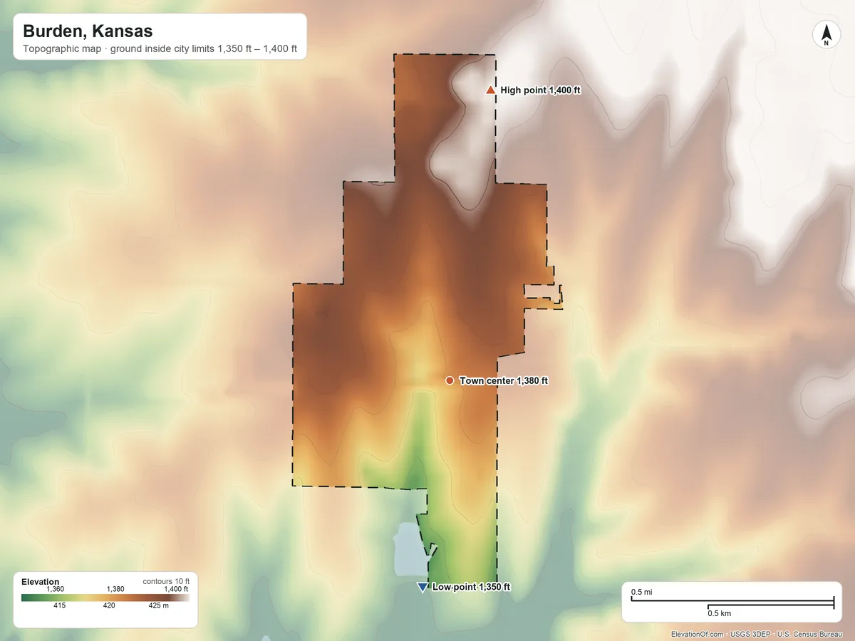 Topographic elevation map of Burden, Kansas, shaded from 1,350 ft on the south side to 1,400 ft on the north side