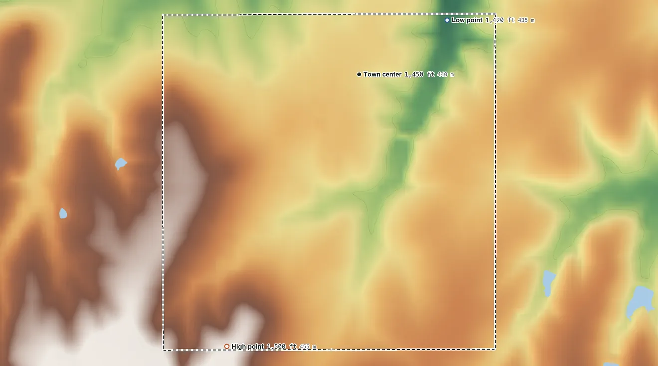 Topographic elevation map of Burdick, Kansas, shaded from 1,420 ft on the northeast side to 1,500 ft on the southwest side