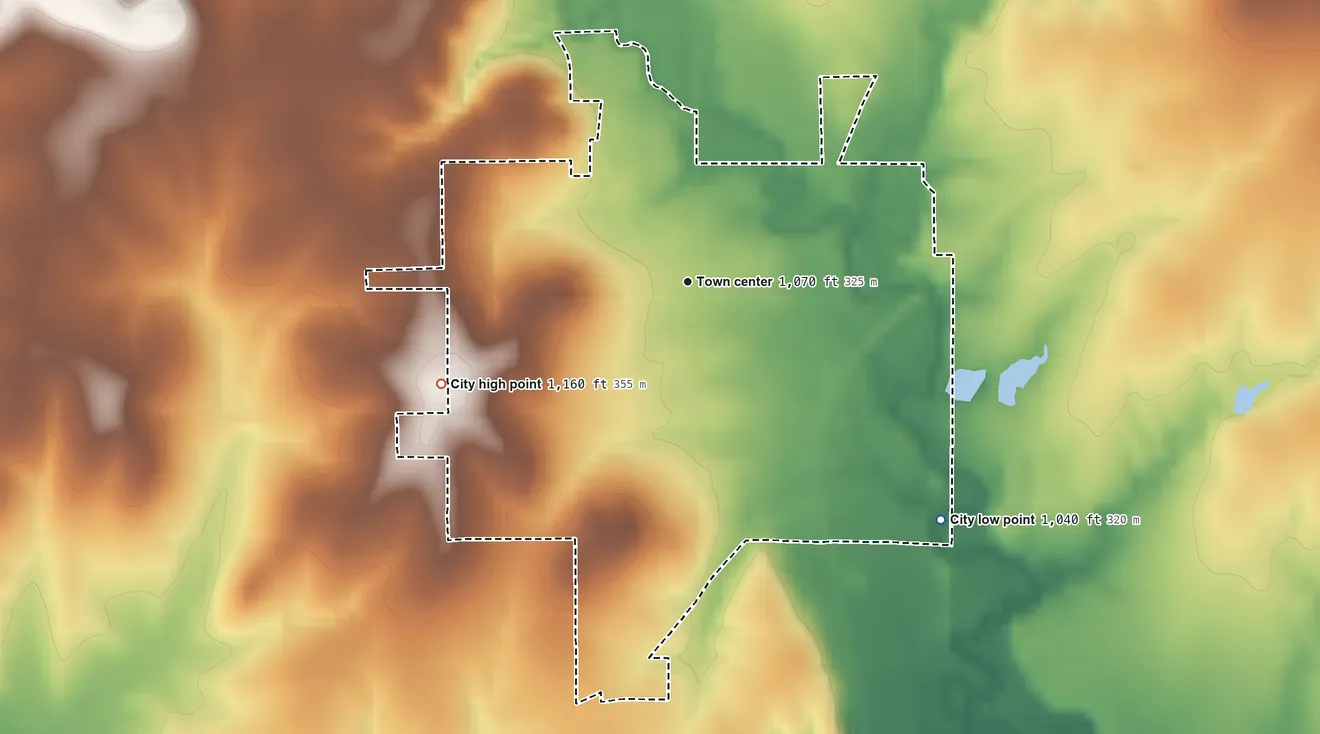 Topographic elevation map of Burlingame, Kansas, shaded from 1,040 ft on the southeast side to 1,160 ft on the southwest side