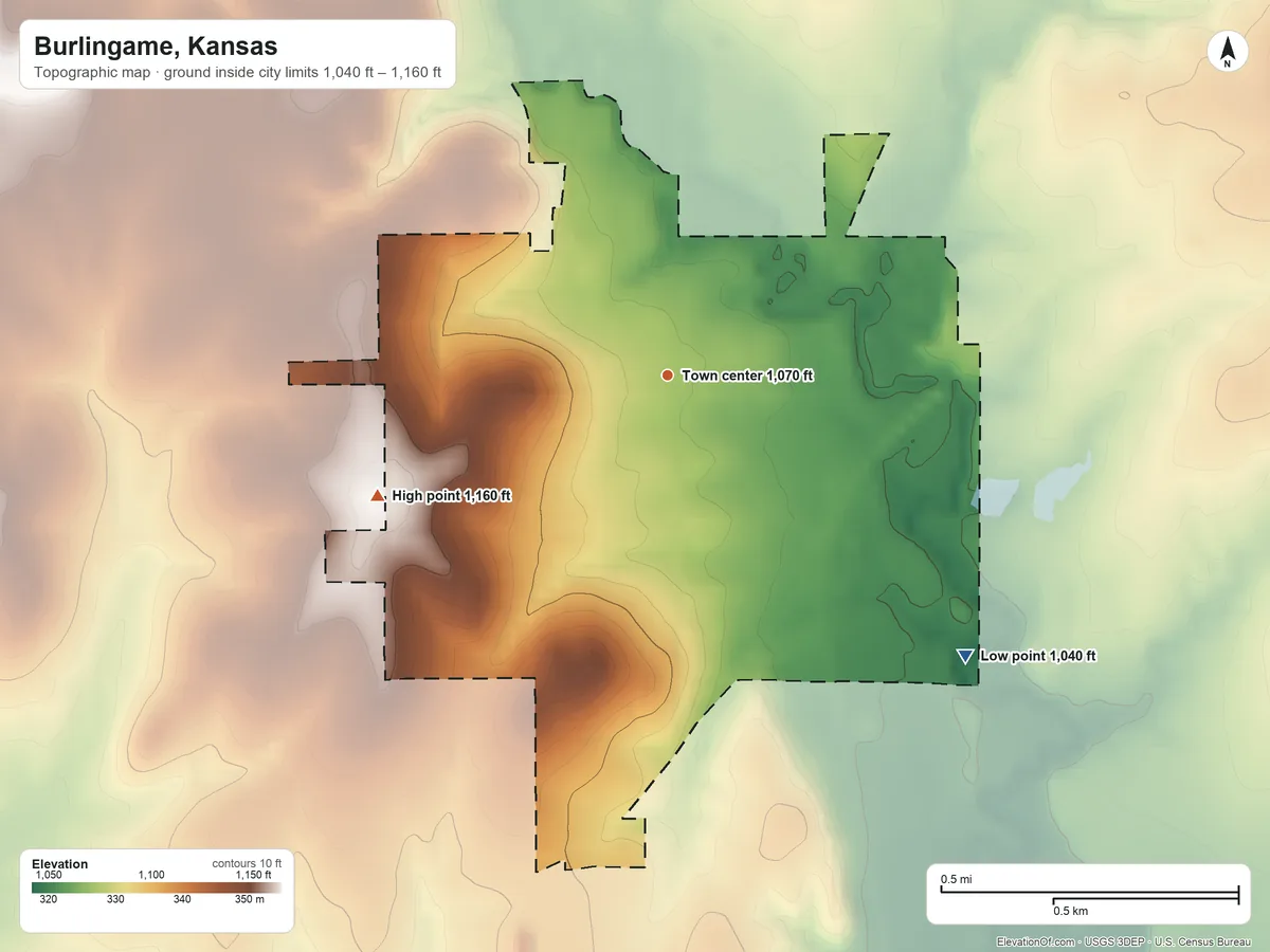 Topographic elevation map of Burlingame, Kansas, shaded from 1,040 ft on the southeast side to 1,160 ft on the southwest side