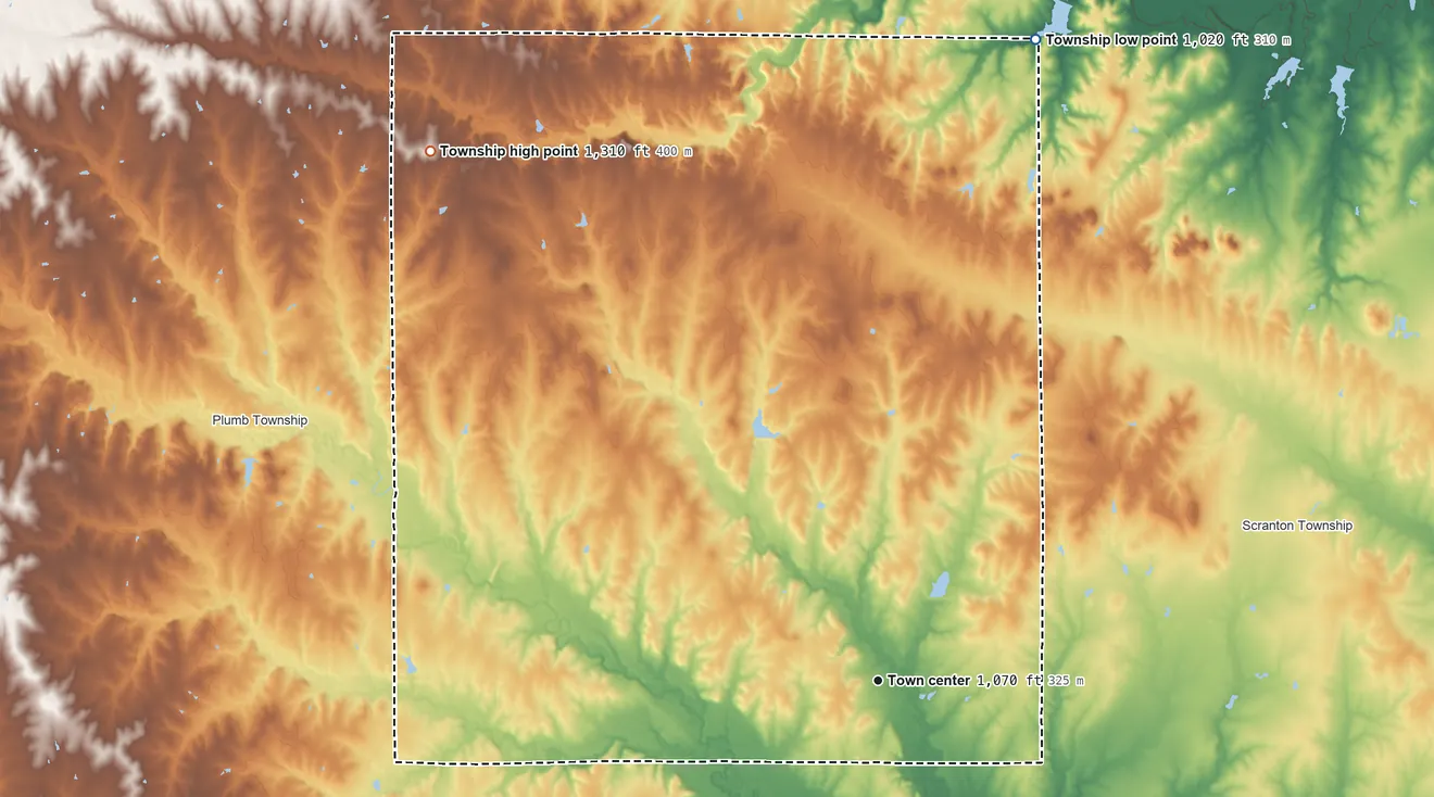Topographic elevation map of Burlingame Township, Kansas, shaded from 1,020 ft on the north side to 1,310 ft on the northwest side