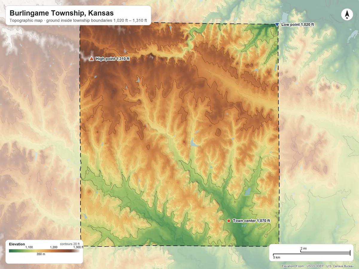 Topographic elevation map of Burlingame Township, Kansas, shaded from 1,020 ft on the north side to 1,310 ft on the northwest side