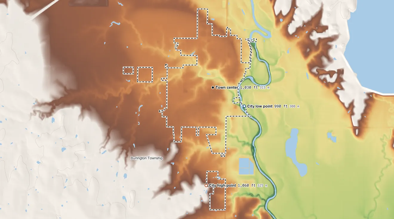 Topographic elevation map of Burlington, Kansas, shaded from 990 ft on the southeast side to 1,060 ft on the south side