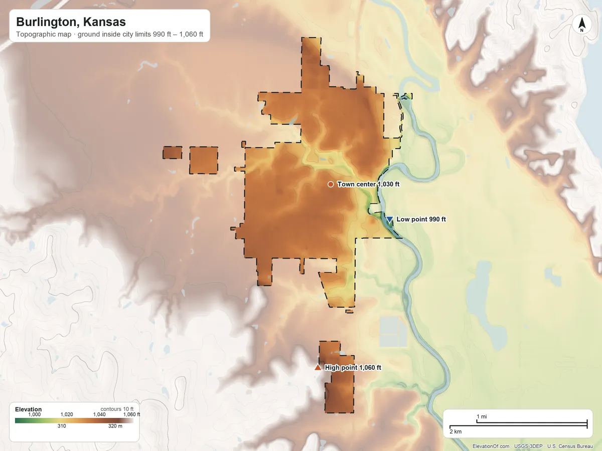 Topographic elevation map of Burlington, Kansas, shaded from 990 ft on the southeast side to 1,060 ft on the south side