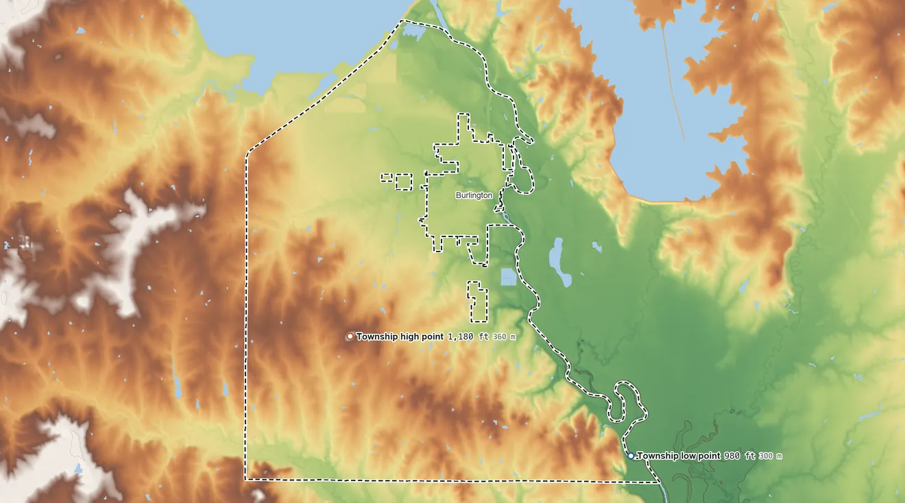 Topographic elevation map of Burlington Township, Kansas, shaded from 980 ft on the southeast side to 1,180 ft on the southwest side