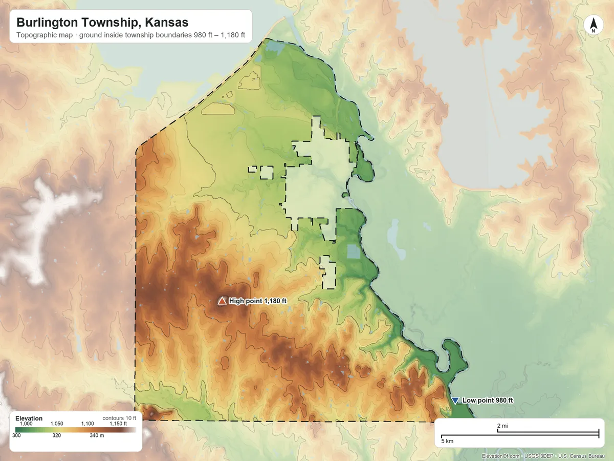 Topographic elevation map of Burlington Township, Kansas, shaded from 980 ft on the southeast side to 1,180 ft on the southwest side