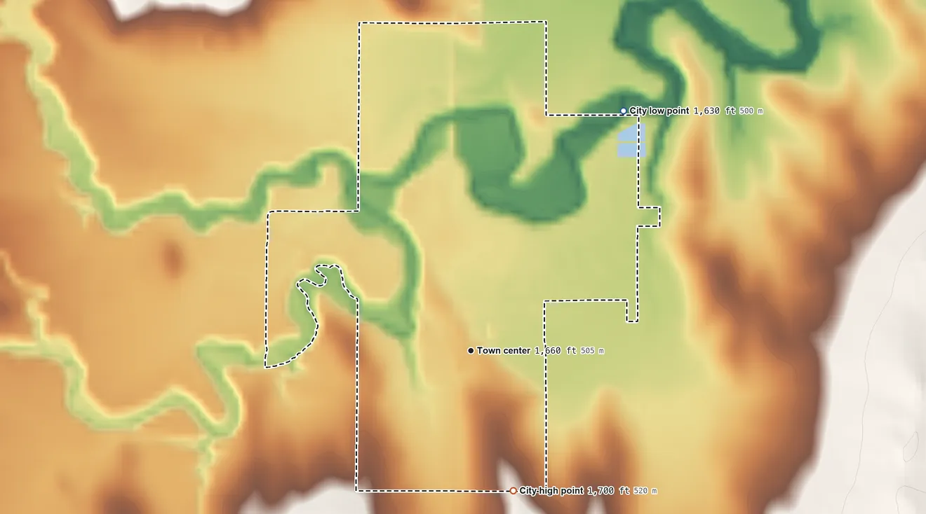 Topographic elevation map of Burr Oak, Kansas, shaded from 1,630 ft on the northeast side to 1,700 ft on the south side