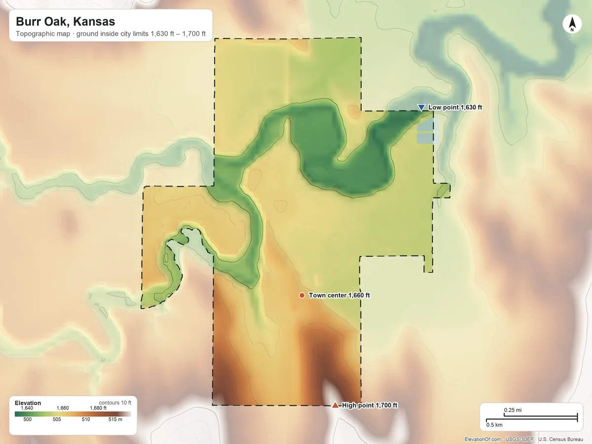 Topographic elevation map of Burr Oak, Kansas, shaded from 1,630 ft on the northeast side to 1,700 ft on the south side