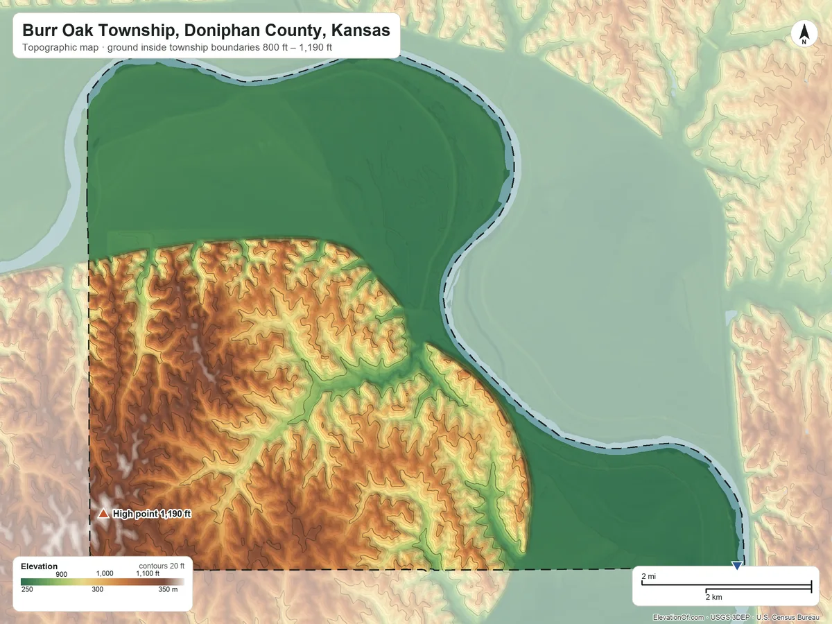 Topographic elevation map of Burr Oak Township, Doniphan County, Kansas, shaded from 800 ft on the east side to 1,190 ft on the west side