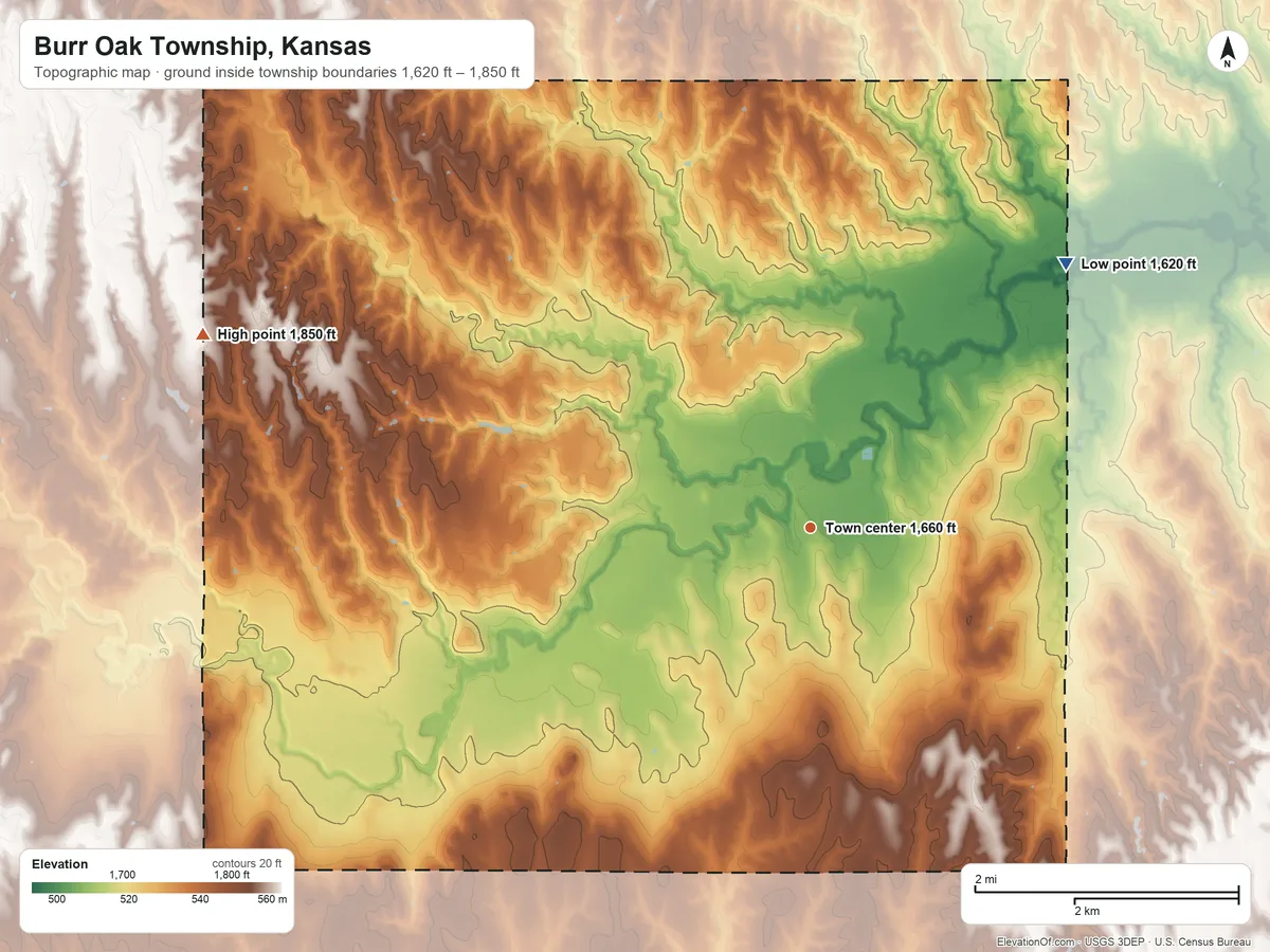 Topographic elevation map of Burr Oak Township, Kansas, shaded from 1,620 ft on the northeast side to 1,850 ft on the west side