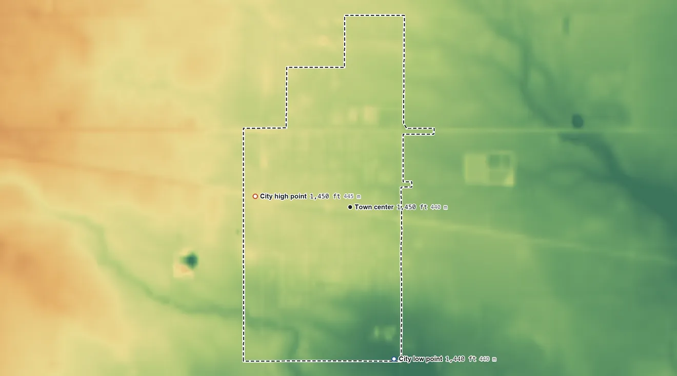 Topographic elevation map of Burrton, Kansas, shaded from 1,440 ft on the south side to 1,450 ft on the west side