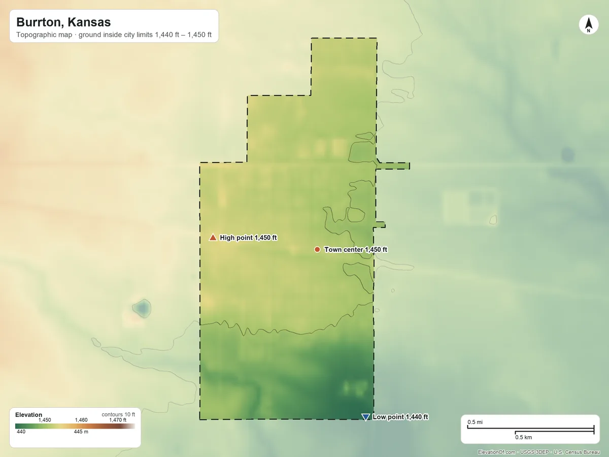 Topographic elevation map of Burrton, Kansas, shaded from 1,440 ft on the south side to 1,450 ft on the west side