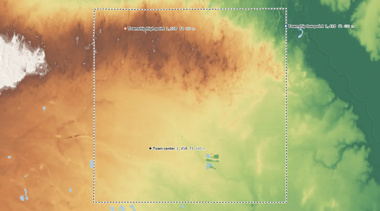 Topographic elevation map of Burrton Township, Kansas, shaded from 1,410 ft on the northeast side to 1,510 ft on the north side
