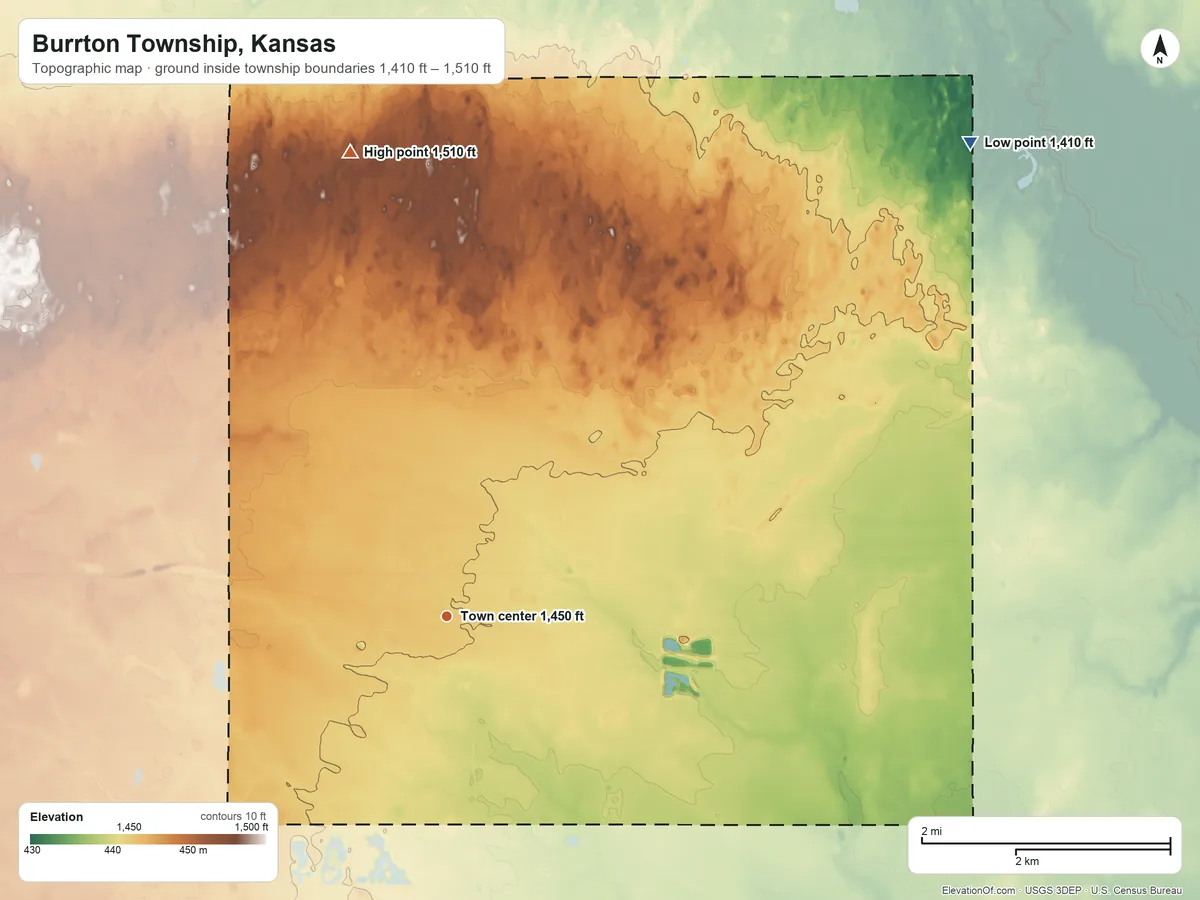 Topographic elevation map of Burrton Township, Kansas, shaded from 1,410 ft on the northeast side to 1,510 ft on the north side