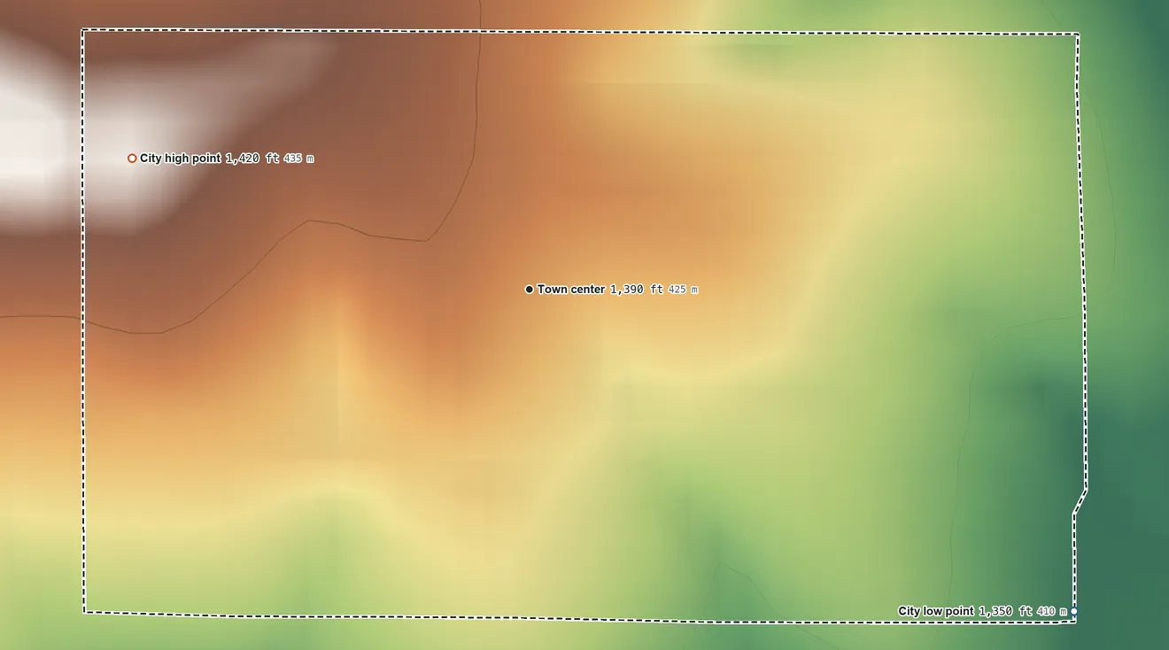 Topographic elevation map of Bushong, Kansas, shaded from 1,350 ft on the southeast side to 1,420 ft on the west side