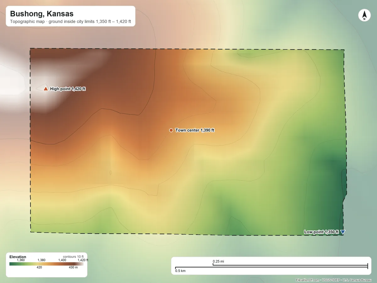 Topographic elevation map of Bushong, Kansas, shaded from 1,350 ft on the southeast side to 1,420 ft on the west side
