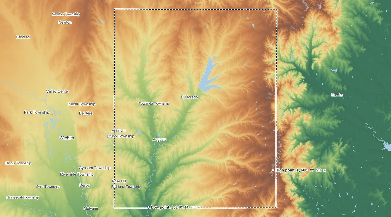 Topographic elevation map of Butler County, Kansas, shaded from 1,140 ft on the southwest side to 1,680 ft on the southeast side