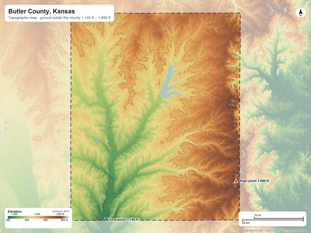 Topographic elevation map of Butler County, Kansas, shaded from 1,140 ft on the southwest side to 1,680 ft on the southeast side