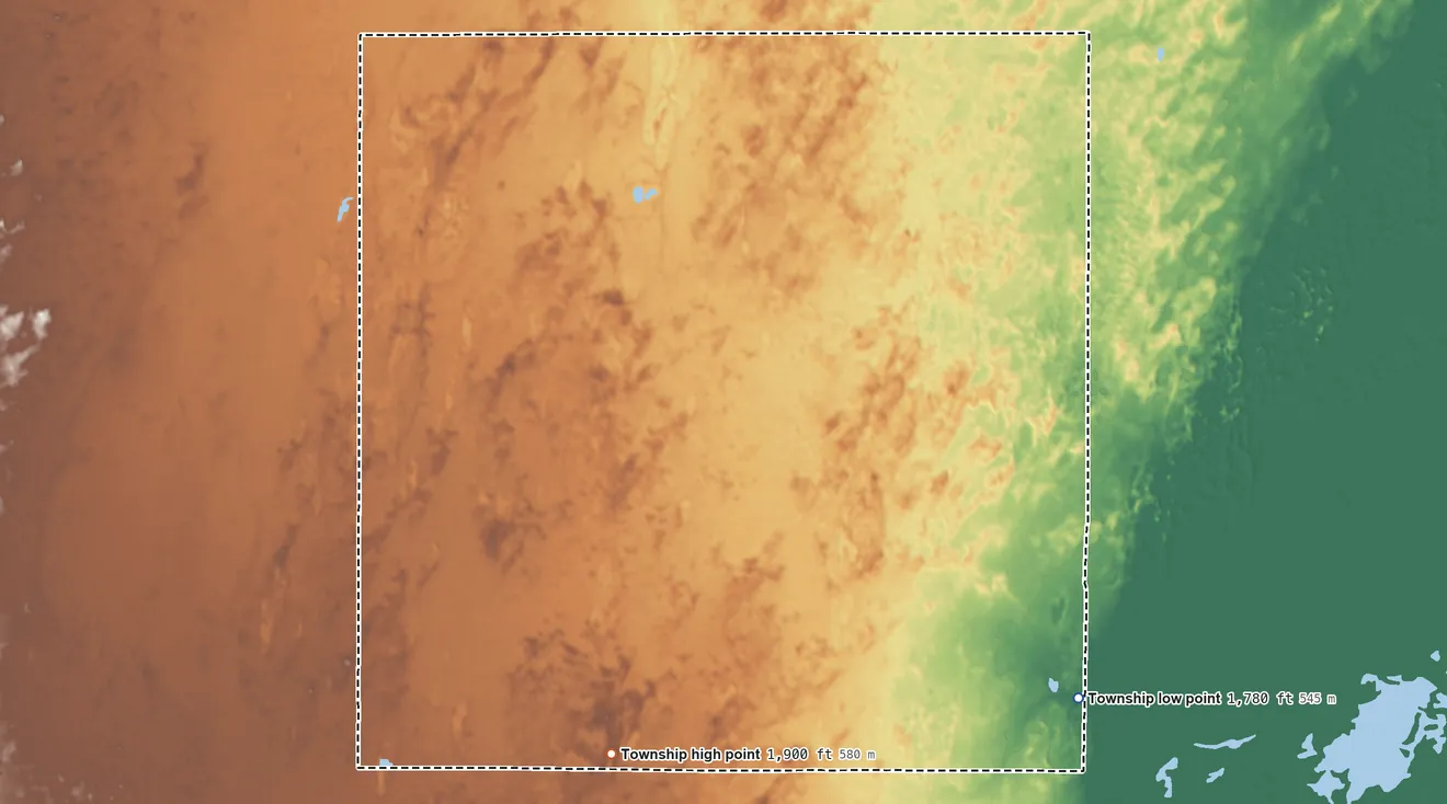 Topographic elevation map of Byron Township, Kansas, shaded from 1,780 ft on the southeast side to 1,900 ft on the south side