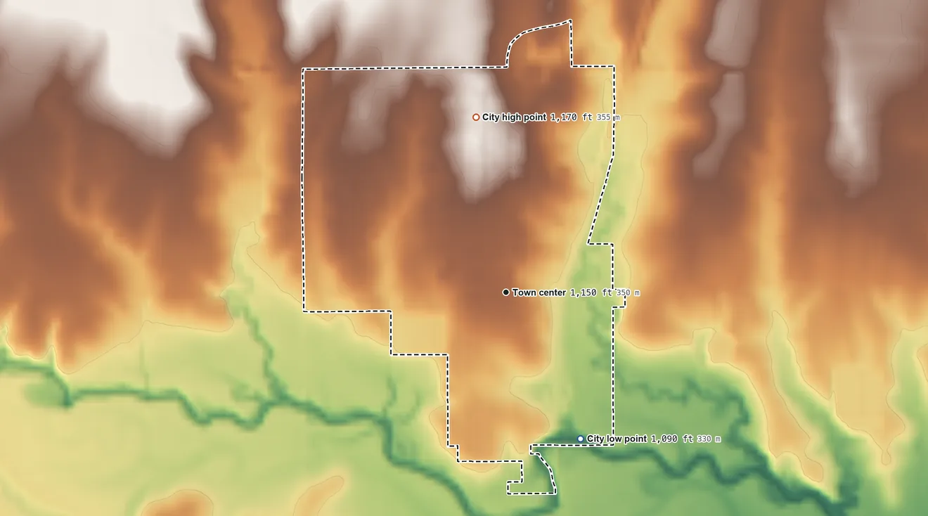 Topographic elevation map of Caldwell, Kansas, shaded from 1,090 ft on the southeast side to 1,170 ft on the north side