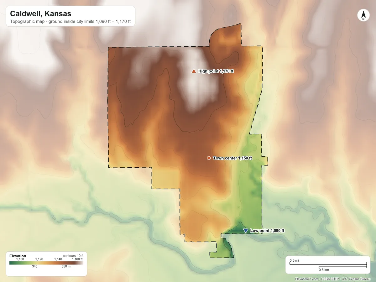 Topographic elevation map of Caldwell, Kansas, shaded from 1,090 ft on the southeast side to 1,170 ft on the north side