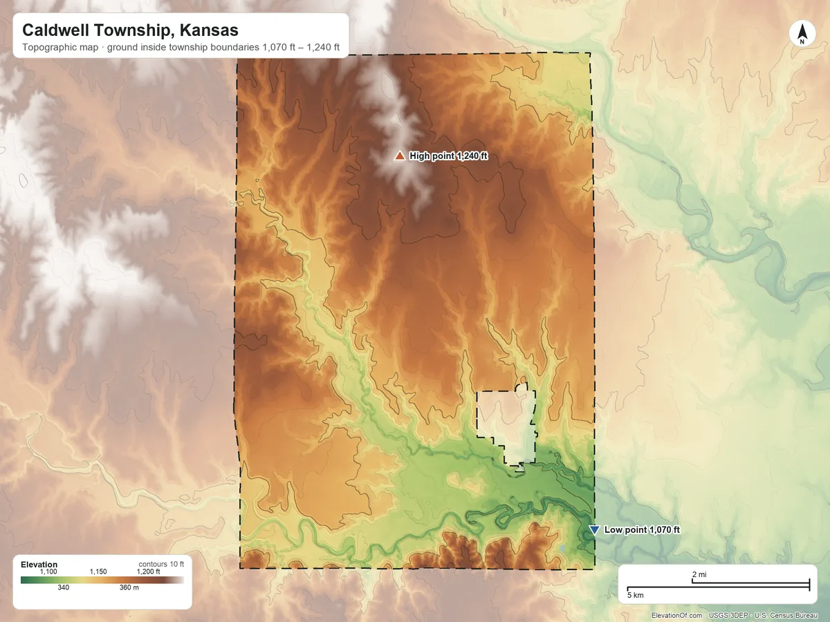 Topographic elevation map of Caldwell Township, Kansas, shaded from 1,070 ft on the south side to 1,240 ft on the northwest side
