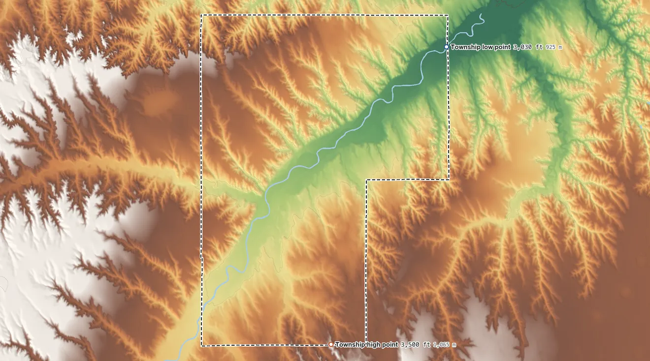 Topographic elevation map of Calhoun Township, Kansas, shaded from 3,030 ft on the northeast side to 3,500 ft on the south side