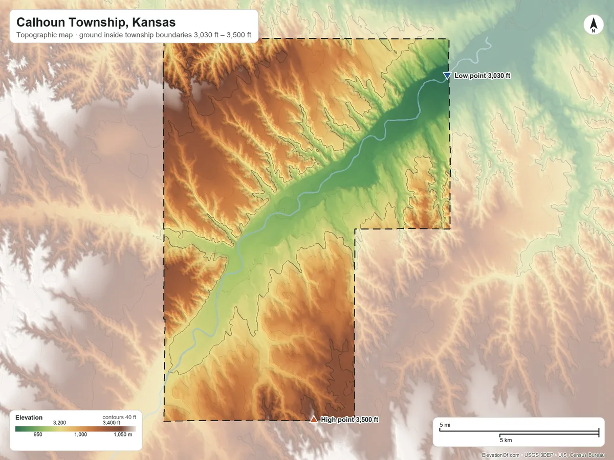 Topographic elevation map of Calhoun Township, Kansas, shaded from 3,030 ft on the northeast side to 3,500 ft on the south side