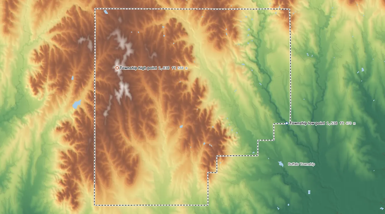 Topographic elevation map of Calvin Township, Kansas, shaded from 1,530 ft on the southeast side to 1,830 ft on the west side