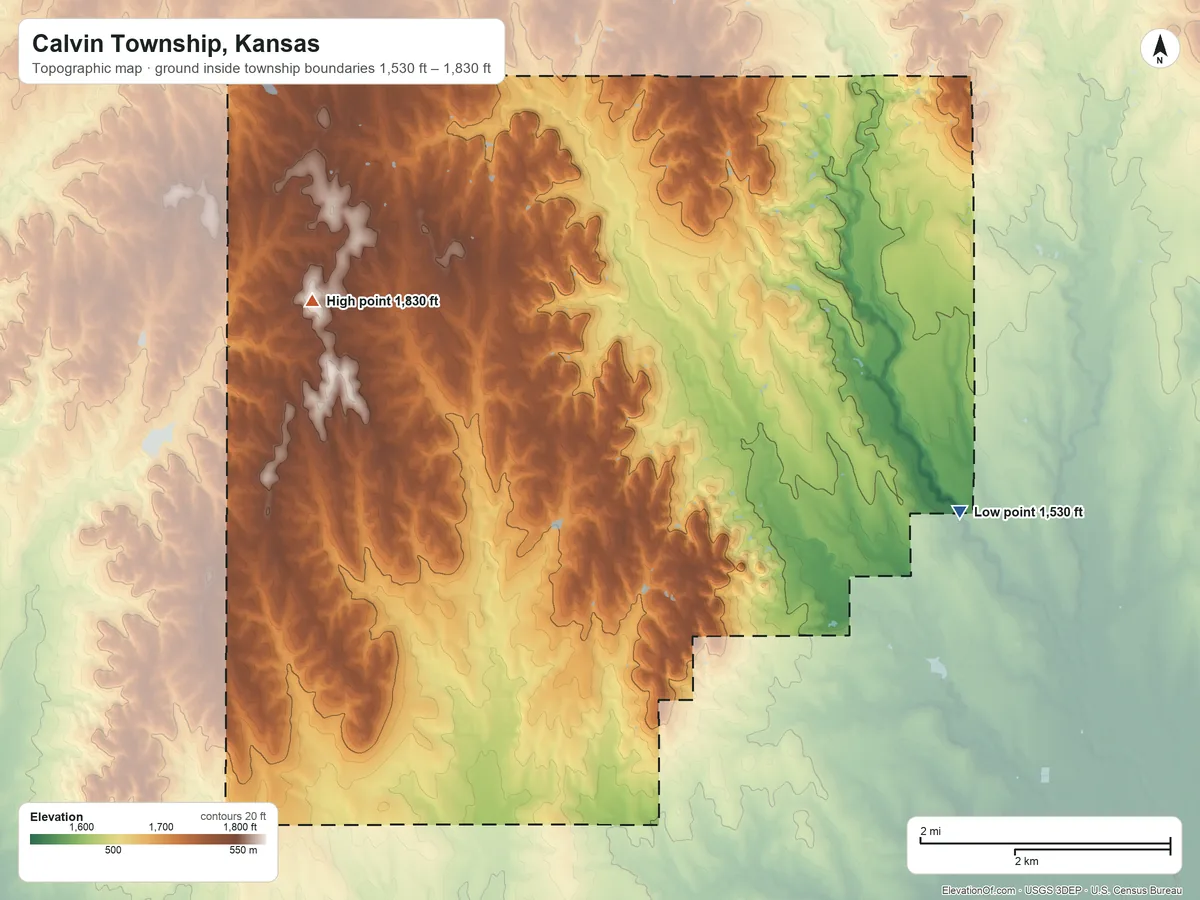 Topographic elevation map of Calvin Township, Kansas, shaded from 1,530 ft on the southeast side to 1,830 ft on the west side