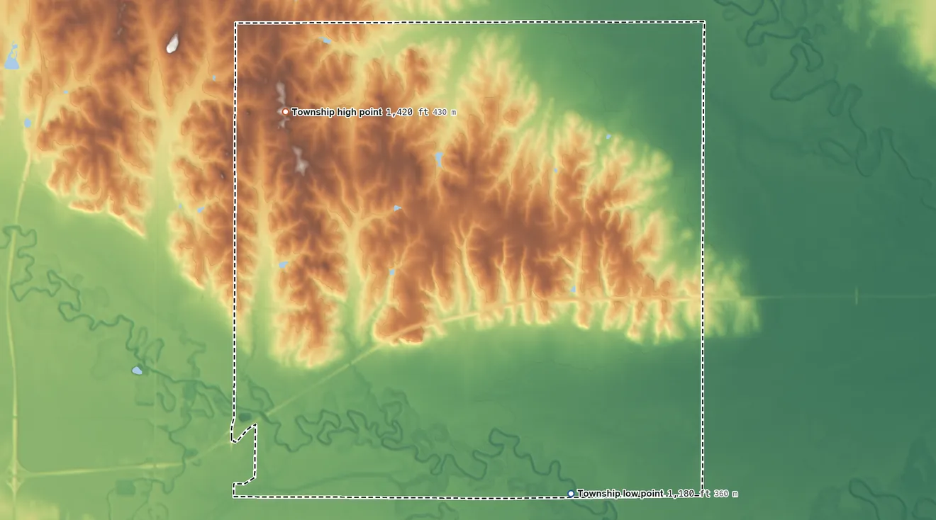 Topographic elevation map of Cambria Township, Kansas, shaded from 1,180 ft on the south side to 1,420 ft on the northwest side