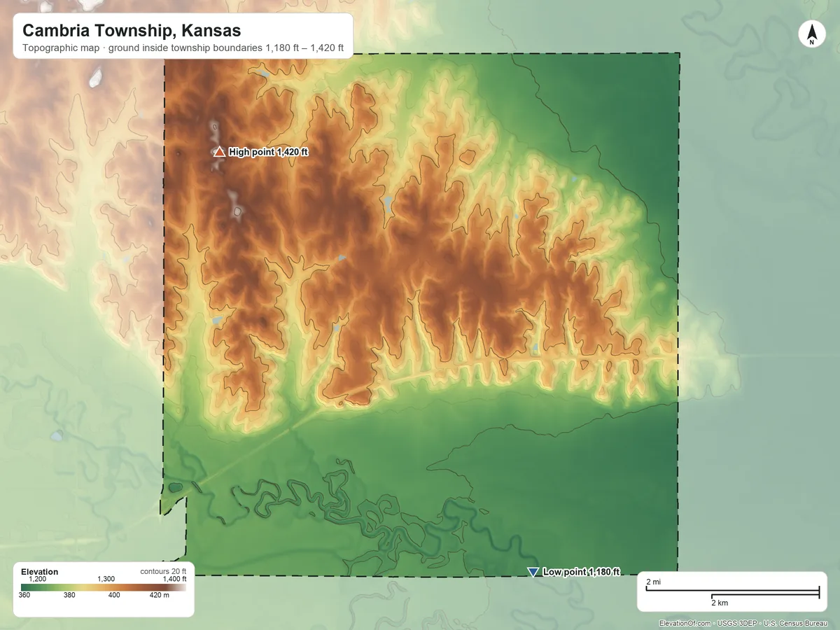 Topographic elevation map of Cambria Township, Kansas, shaded from 1,180 ft on the south side to 1,420 ft on the northwest side