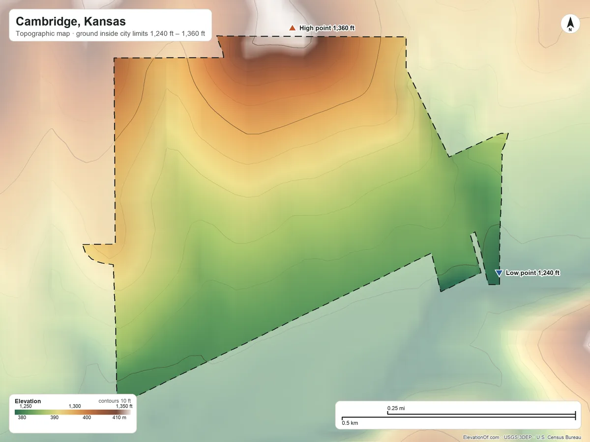 Topographic elevation map of Cambridge, Kansas, shaded from 1,240 ft on the east side to 1,360 ft on the north side