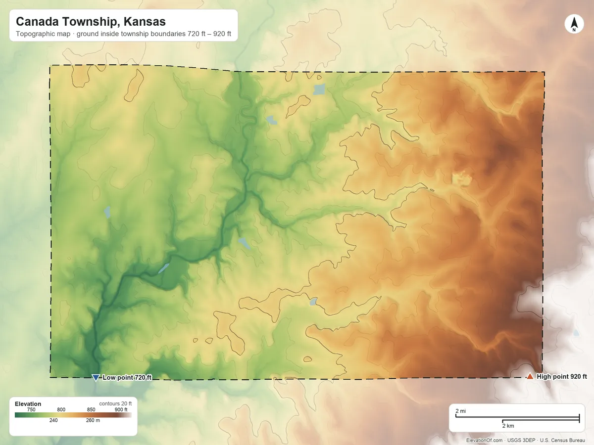 Topographic elevation map of Canada Township, Kansas, shaded from 720 ft on the southwest side to 920 ft on the southeast side