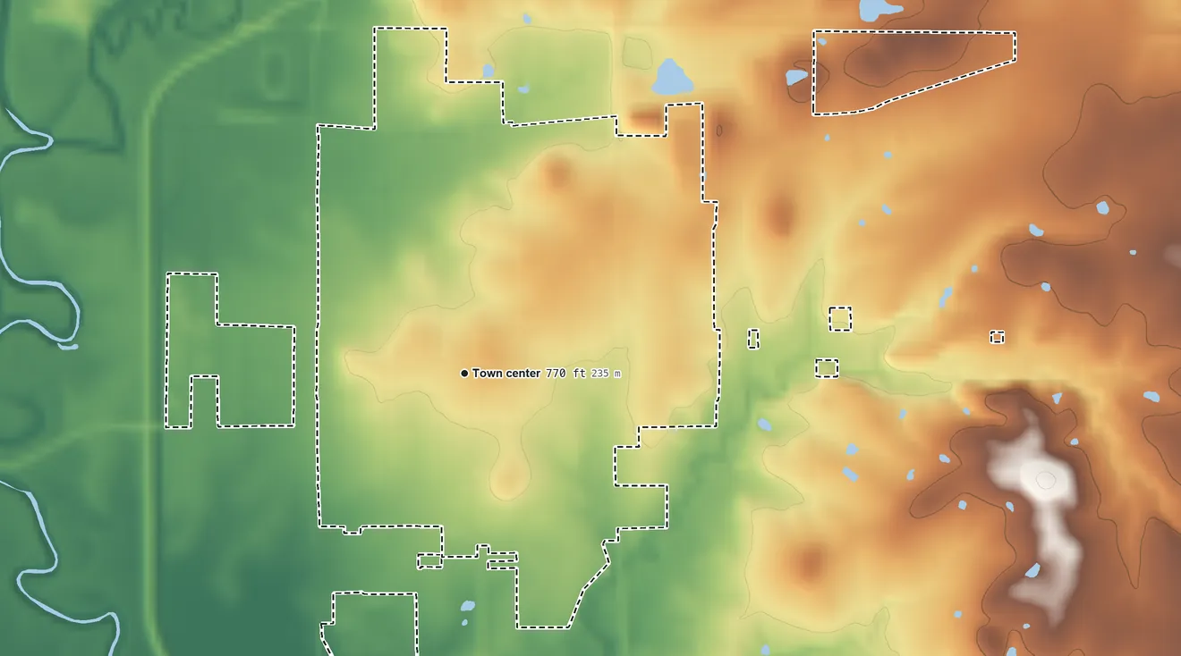 Topographic elevation map of Caney, Kansas, shaded from 720 ft on the southwest side to 830 ft on the northeast side