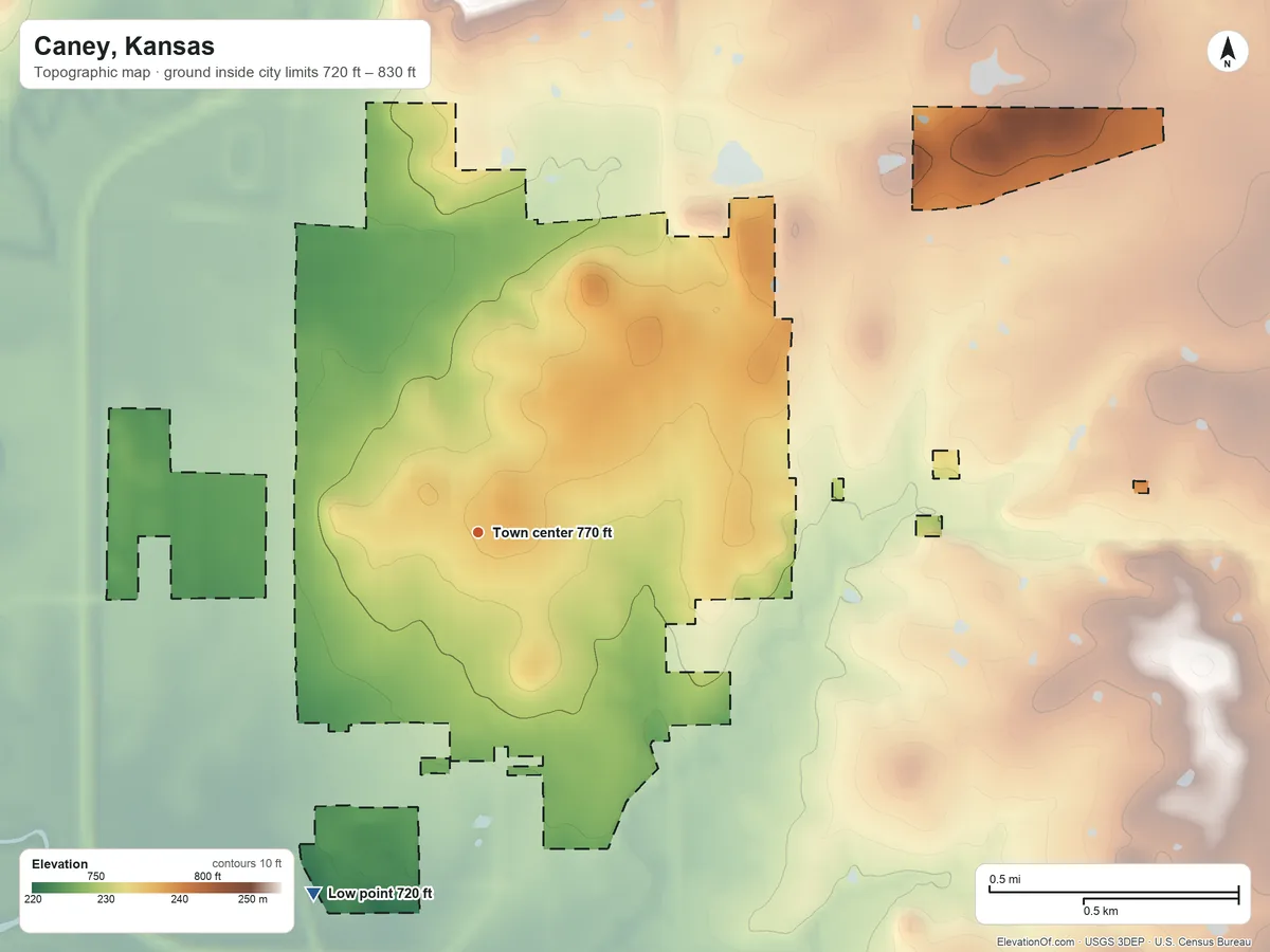 Topographic elevation map of Caney, Kansas, shaded from 720 ft on the southwest side to 830 ft on the northeast side
