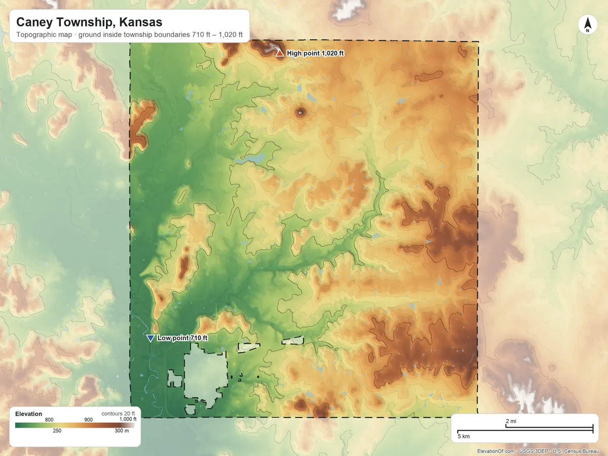 Topographic elevation map of Caney Township, Kansas, shaded from 710 ft on the west side to 1,020 ft on the north side