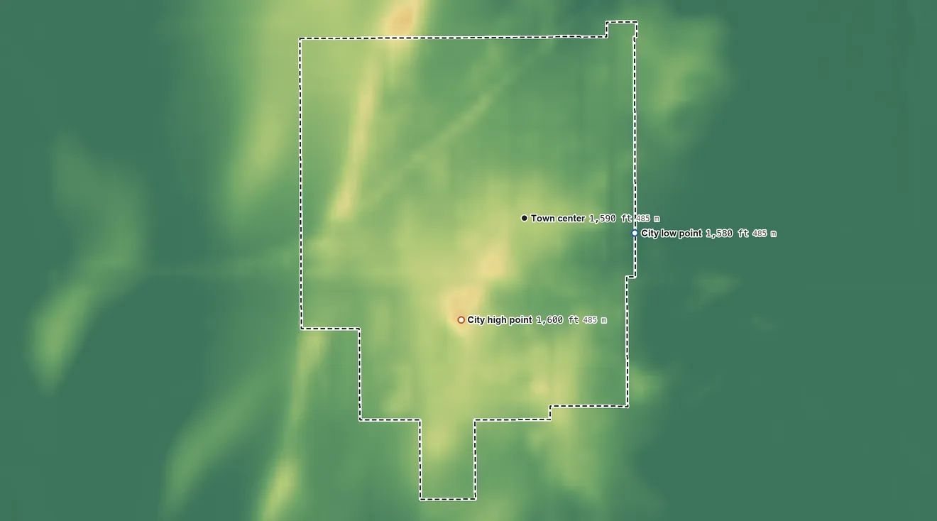 Topographic elevation map of Canton, Kansas, shaded from 1,580 ft on the east side to 1,600 ft on the southwest side