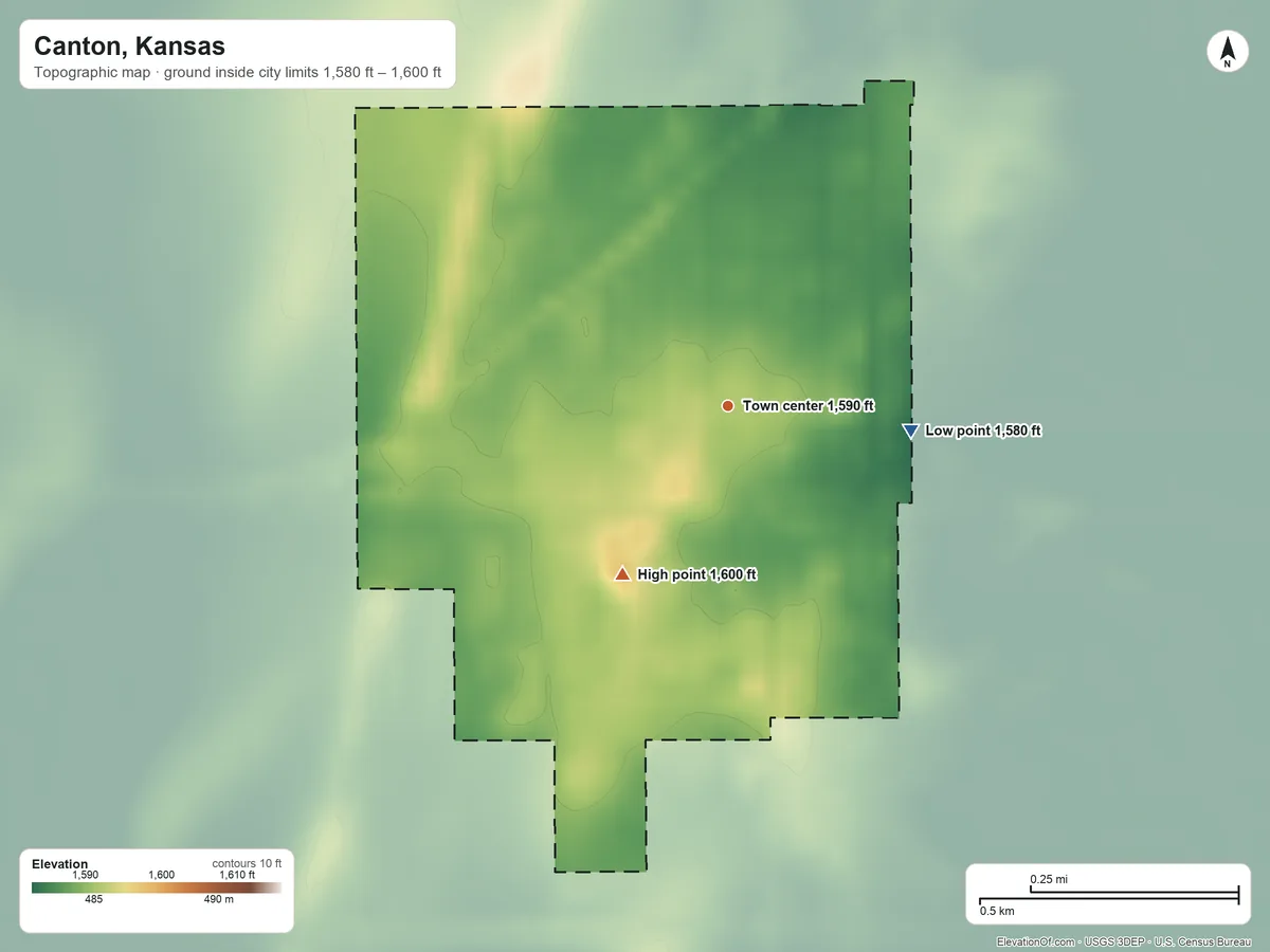Topographic elevation map of Canton, Kansas, shaded from 1,580 ft on the east side to 1,600 ft on the southwest side