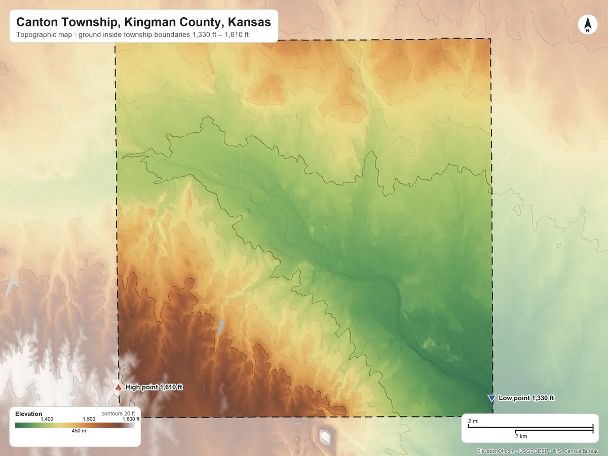 Topographic elevation map of Canton Township, Kingman County, Kansas, shaded from 1,330 ft on the southeast side to 1,610 ft on the southwest side