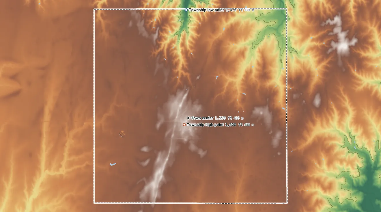 Topographic elevation map of Canton Township, Kansas, shaded from 1,470 ft on the north side to 1,600 ft near the middle