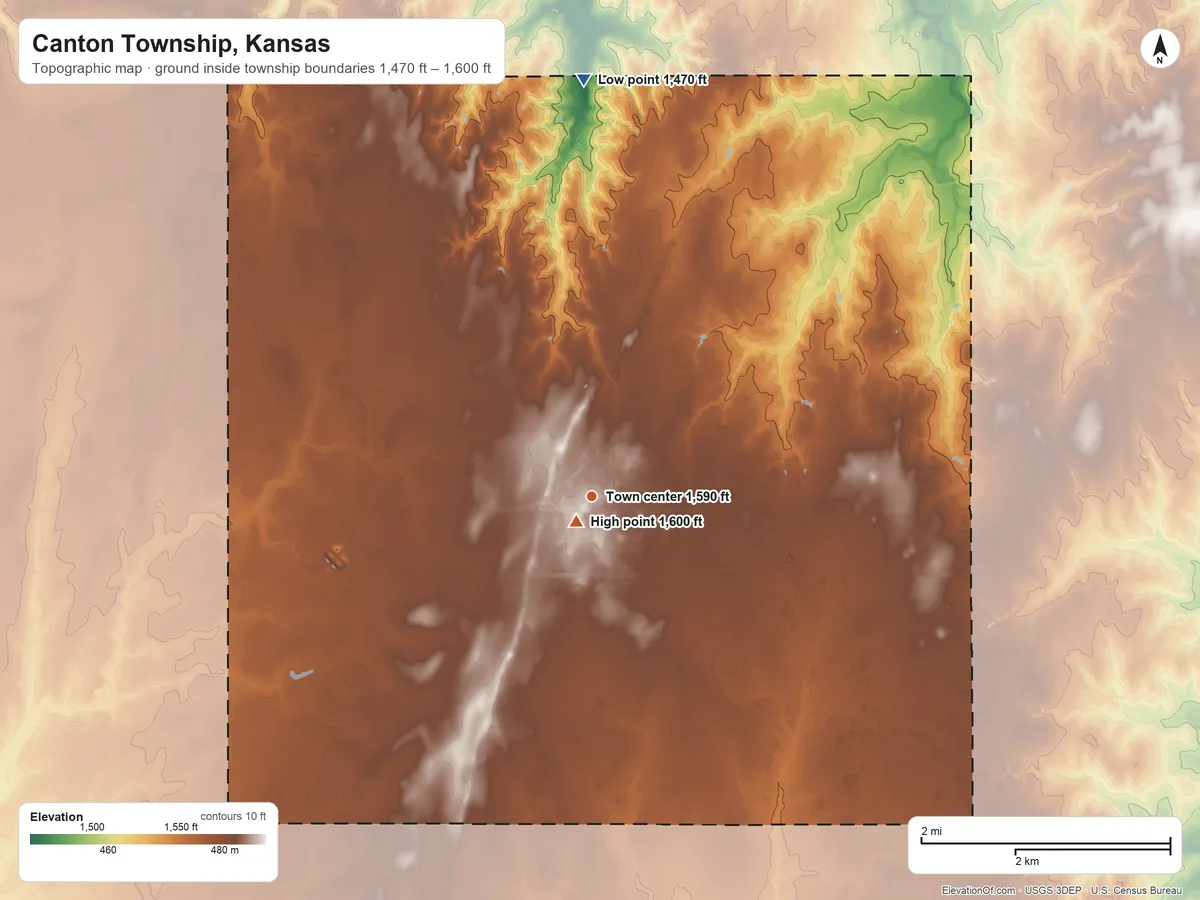 Topographic elevation map of Canton Township, Kansas, shaded from 1,470 ft on the north side to 1,600 ft near the middle