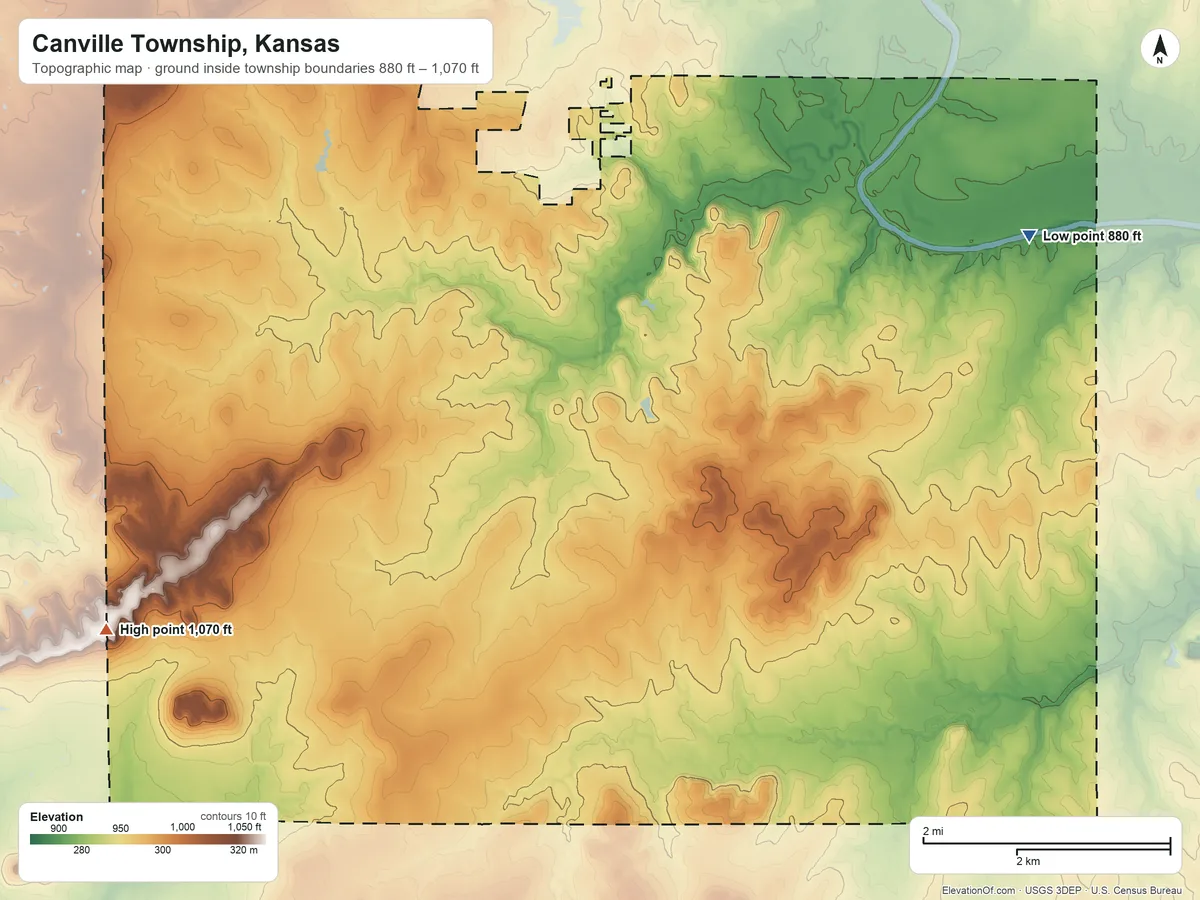 Topographic elevation map of Canville Township, Kansas, shaded from 880 ft on the east side to 1,070 ft on the southwest side