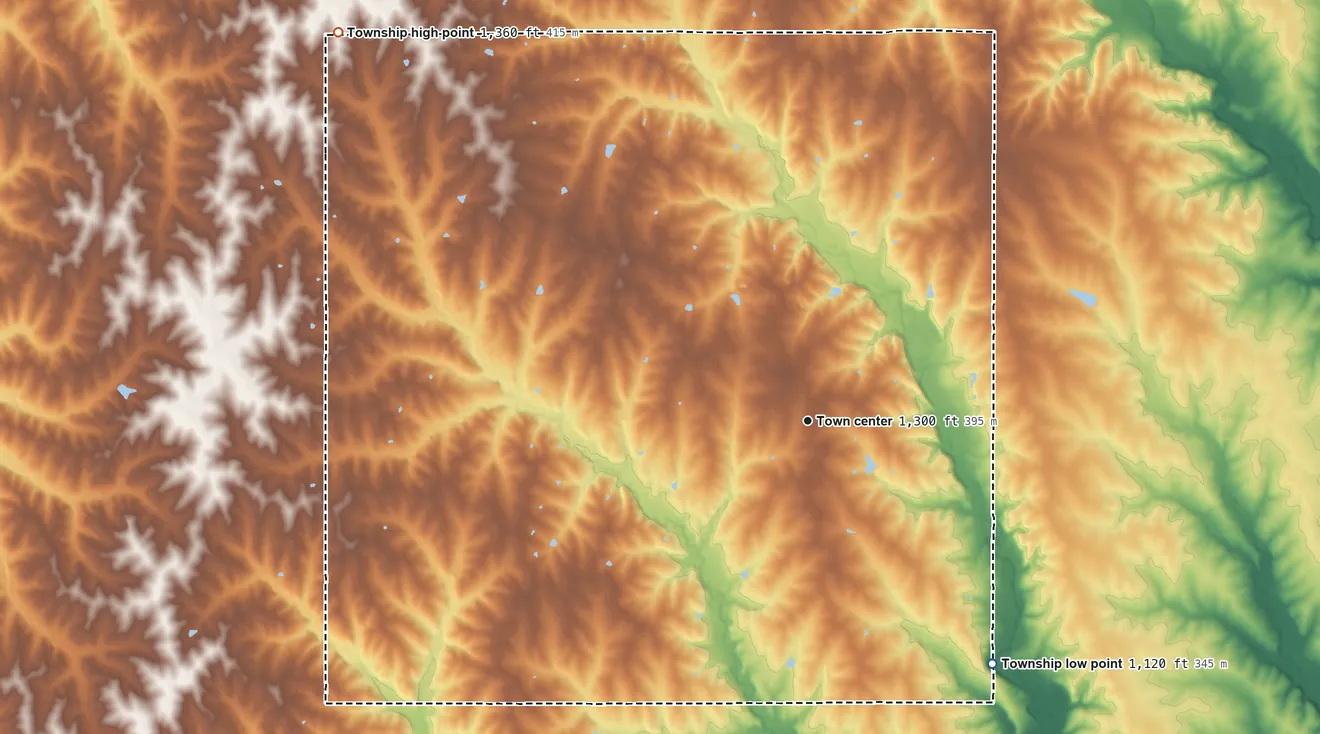 Topographic elevation map of Capioma Township, Kansas, shaded from 1,120 ft on the southeast side to 1,360 ft on the northwest side