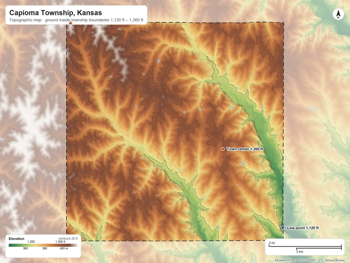 Topographic elevation map of Capioma Township, Kansas, shaded from 1,120 ft on the southeast side to 1,360 ft on the northwest side